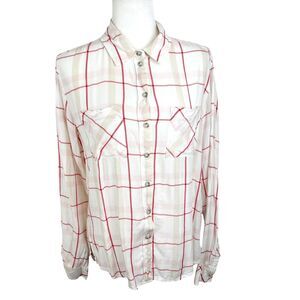 Sanctuary Button Up Shirt Women Small White Red Plaid Long Sleeve Casual